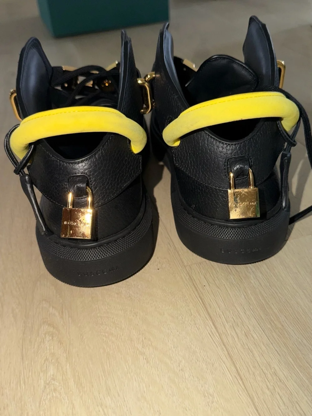 Men’s Buscemi Black Leather High-Top Sneakers with Yellow Heel Accent